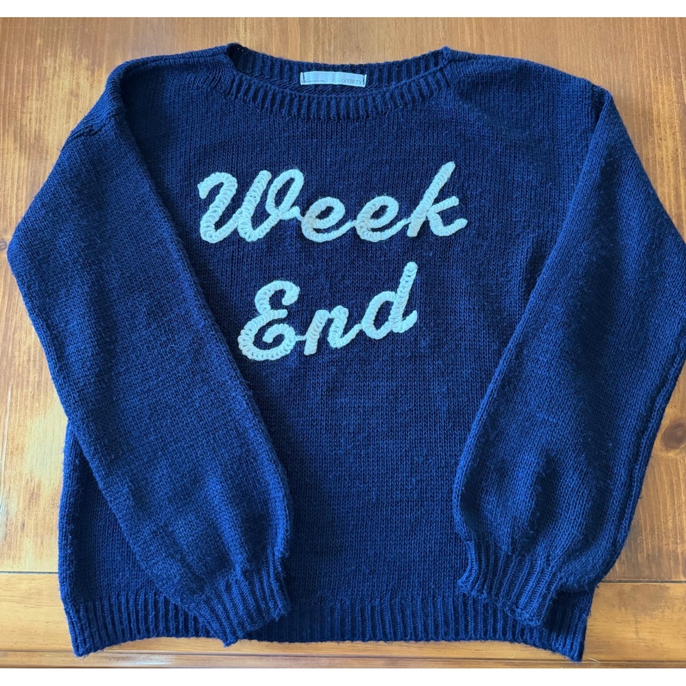 Ten Sixty Sherman Navy Blue Week End Embroidered Knit Sweater Pullover Crewneck